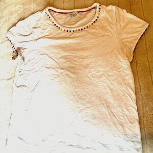 Boden white T-shirt with colorful polka dots around neck and sleeves